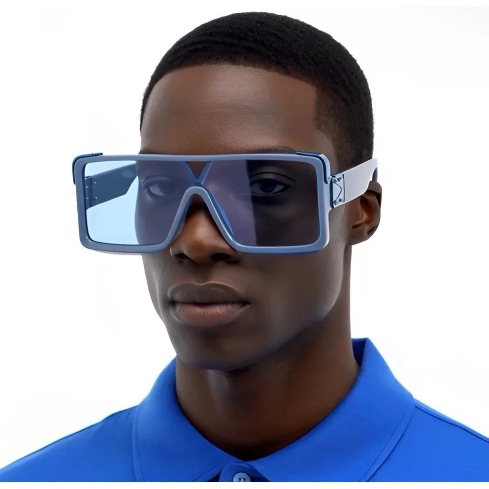 Mens Blue Oversized Square Shield Sunglasses Futuristic Flat‎ Top V-Bridge Shade